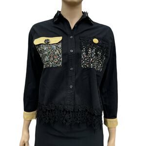 Vintage GIRLFRIeNds Women Black Floral Lace Trim Collared Long Sleeve Shirt L